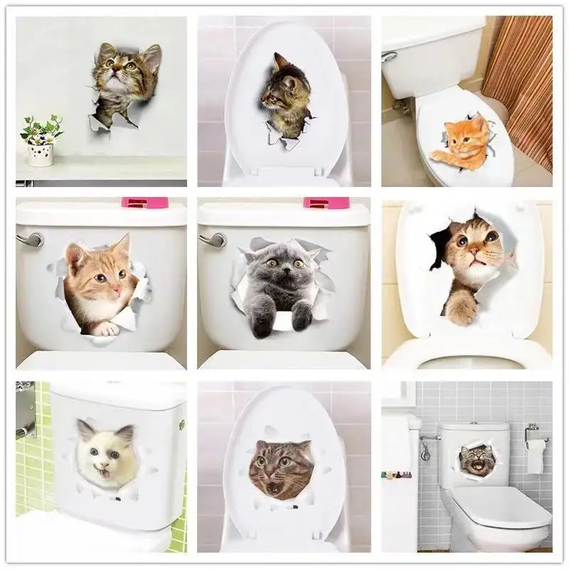 

Cat Vivid 3D Smashed Switch Wall Sticker Bathroom Toilet Kicthen Decorative Decals Funny Animals Decor Poster PVC Mural Art