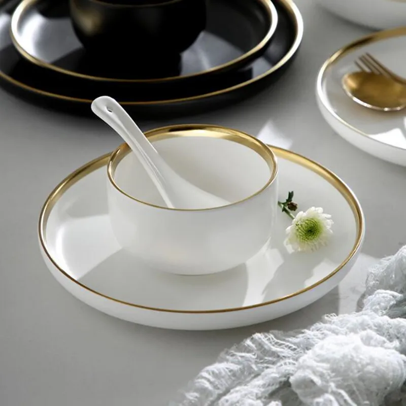 Gilt Rim Blak Porcelain Dinner Plate Set Kitchen Ceramic Tableware Food Dishes Rice Salad Noodles Bowl Mug Cutlery 1pc | Дом и сад