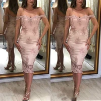 sexy pink off the shoulder prom dresses short sheath knee length lace satin evening dress 2021 women party dress elegant skirt