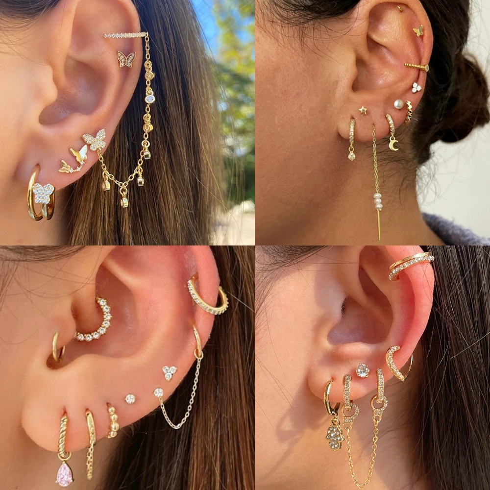 Korean Fashion Gold Color Butterfly CZ Crystal Tassel Stud Earrings Set For Women Geometric Pierced Long Earrings Punk Jewelry