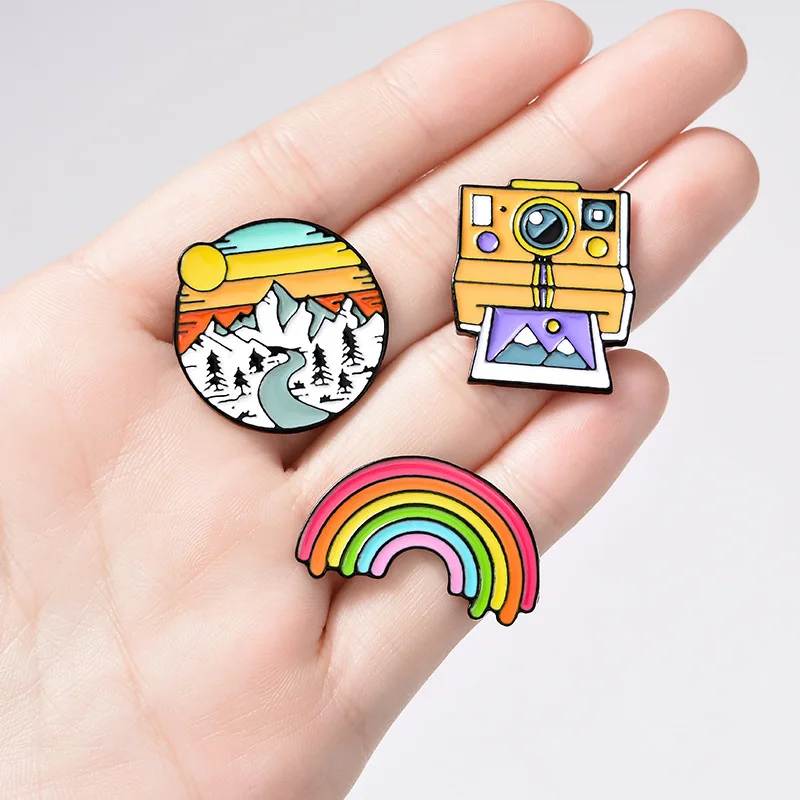 rainbow camera snow mountain brooch bag clothes backpack lapel enamel pin badges jewelry gift for friend women accessories free global shipping
