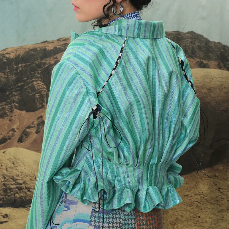 

[EAM] Loose Fit Striped Drawstring Spliced Short Jacket New Lapel Long Sleeve Women Coat Fashion Tide Spring Autumn 2021 1B747