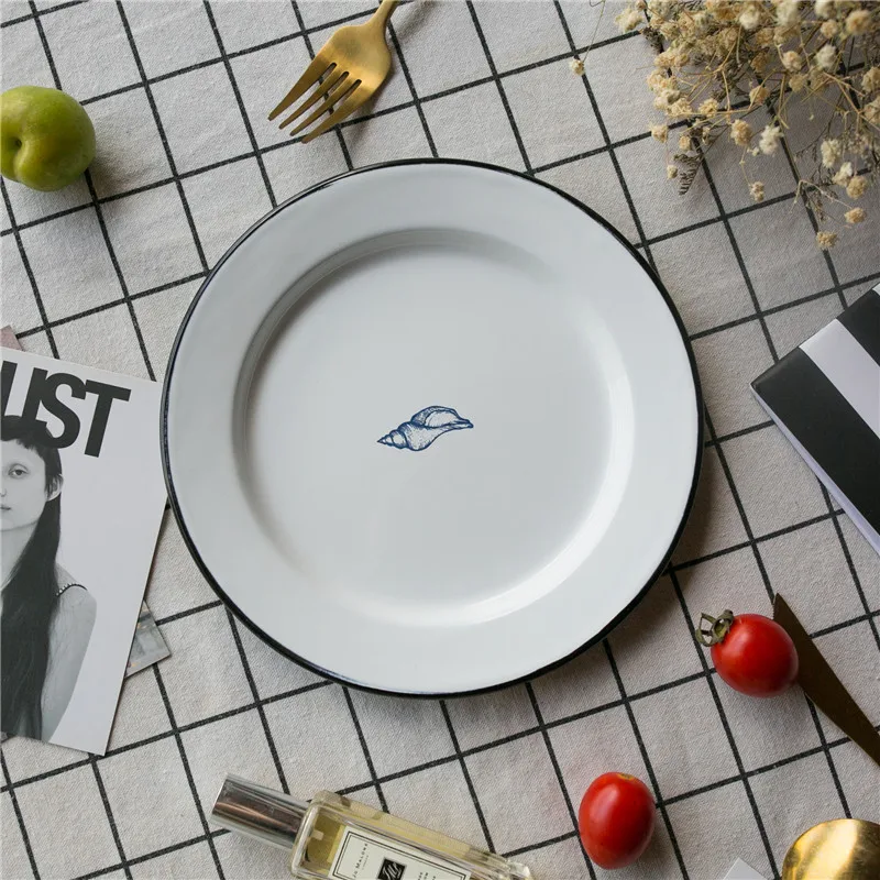 Enamel Nordic Retro Thickened Fruit Plate Baked Rice Turnip Dinner Breakfast Tableware Flat | Дом и сад