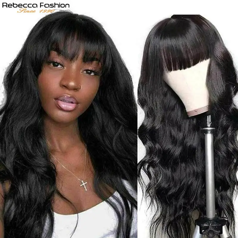 Rebecca Body Wave Human Hair Wig With Bangs Natural Color Full Machine Glueless Wig Body Wave Human Hair With Fringe Wigs Cheap