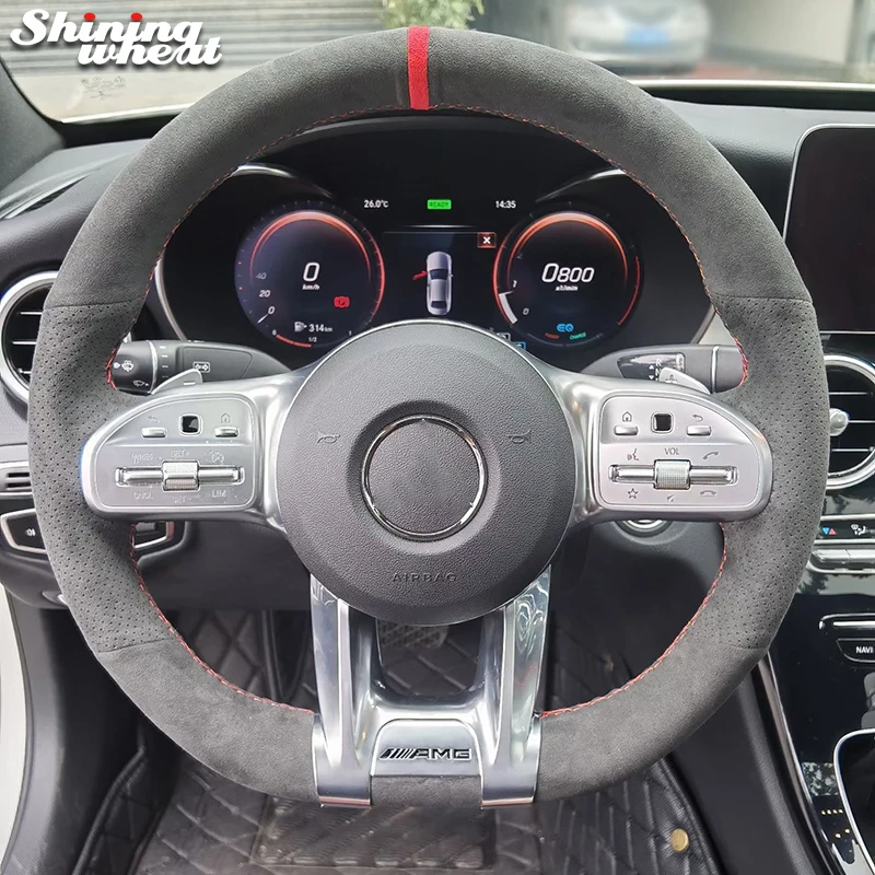 Black Alcantara Hand-stitched Steering Wheel Cover for Mercedes-Benz AMG GT GLA35 AMG E63 G63 C43 C63 CLA45 CLS53 E53