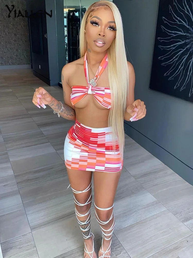 

Yiallen Tie Dye Printed Beach 2 Piece Set Party Trend Lace Up Tank+Mini Skirt Elastic Matching Swimsuit Vacation Clubwear Hot