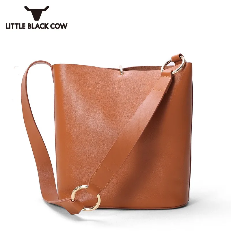 

High Quality Genuine Leather Bucket Shoulder Bag Wide Shoulder Strap Bag Cowhide Hasp Handbag Bag Womens Casual Crossbody Bags