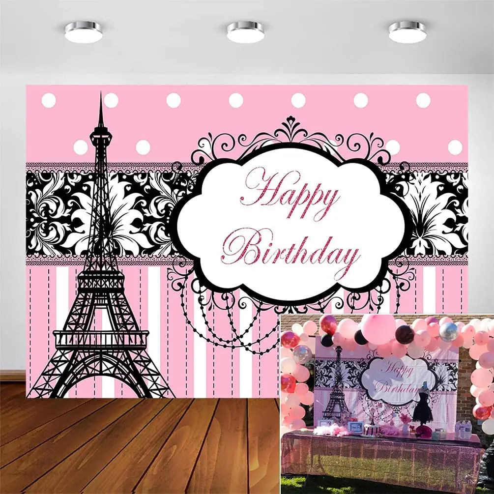 Party In Paris Birthday Party Backdrop for Girls Eiffel Tower Birthday Banner Sweet Pink Stripes Black Paris Birthday Party