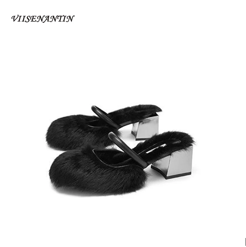 

Solid Color One-line Fur Shoes, Female New Style Rabbit Fur Fashion Round Head Metal Square Heel High-heeled Half Slippers