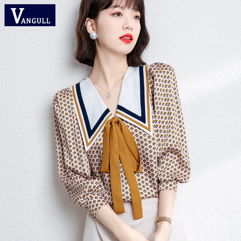 

Vangull женская блузка с воротником-стойкой и бантом, шифоновая рубашка с коротким рукавом, офисные женские топы, весенние новые свободные тонк...