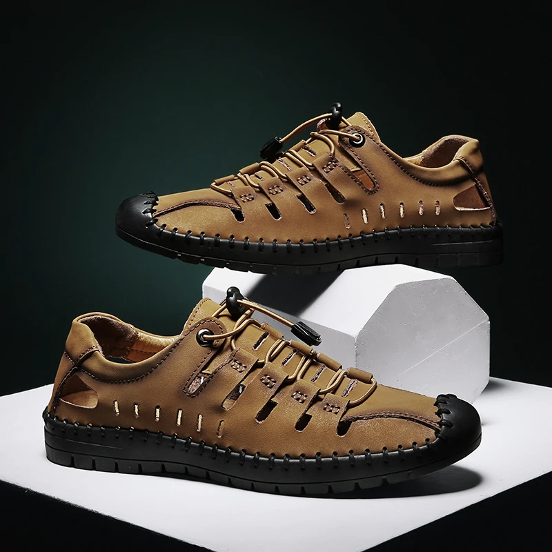 Wujie Leather Men's Casual Shoes Luxury Brand Fashion Loafers Flat Black Breathable Non-slip Hollow Driving Shoes-45 | Обувь