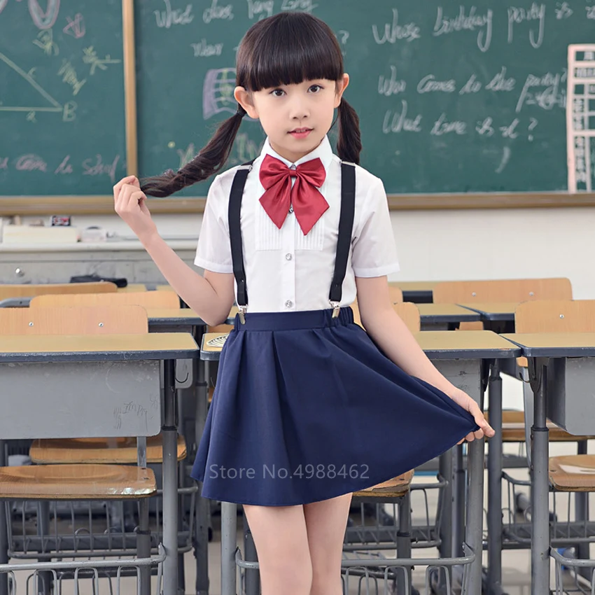 

110-160cm Kids Baby Boy Girls School Team Uniform Chorus Japanese Stage Performance Set Fancy Overalls Skirt Shirt Collar Outfit