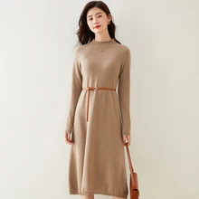 100% pure cashmere knitted dress women's 2021 winter new style fashion long warm best quality dress women half high collar (2)