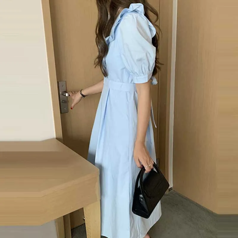 

One-Piece Woman Ruffle Splicing Dress Elegant Korean 2021 Summer Women Square Collar Slim Dress French Office Dress Midi Dresses