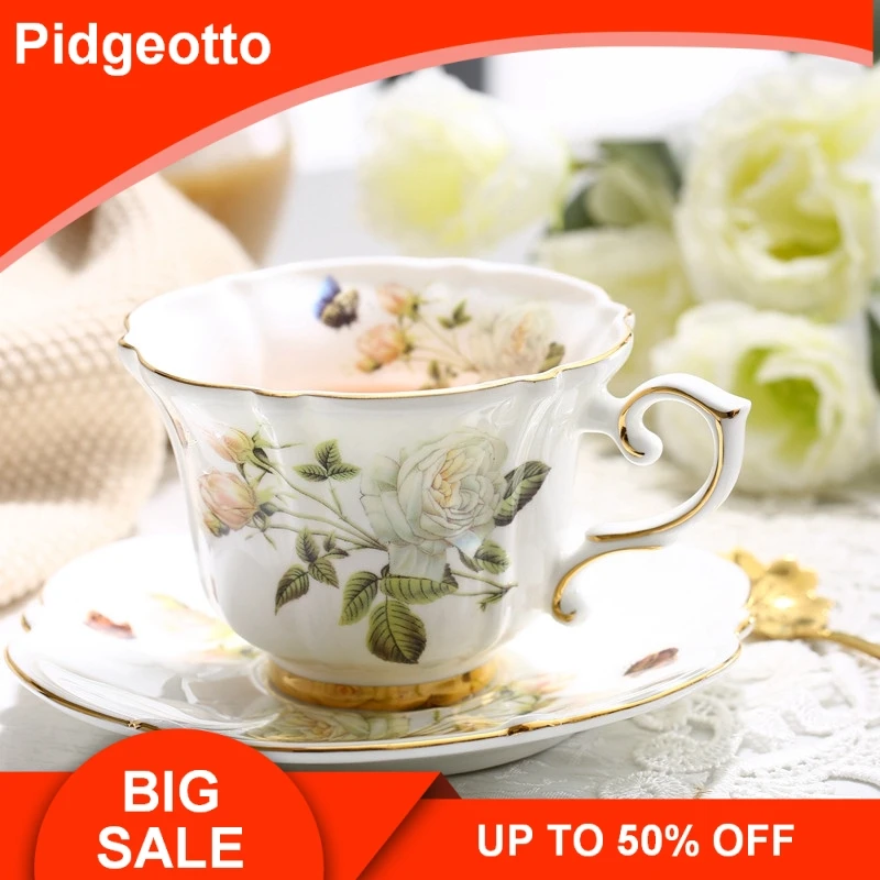 

European style bone china coffee cup pastoral white rose English afternoon tea cup and dish set gift box