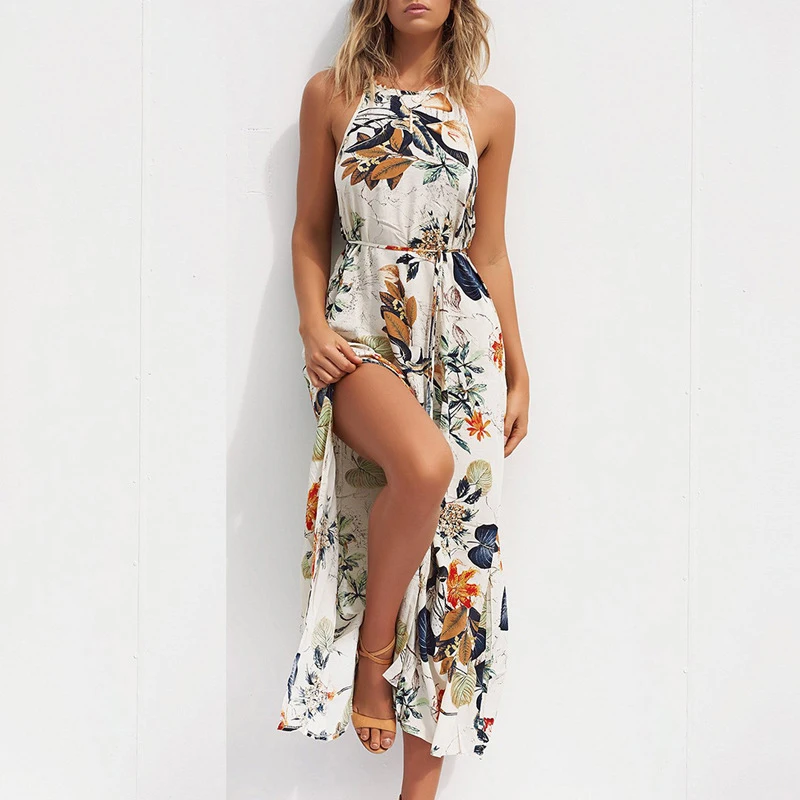 

Sexy Floral Long Beach Dress Sleeveless Slim Leaves Dresses Women 21 Summer Apricot Fashion Clothes Female Feminina CX1480