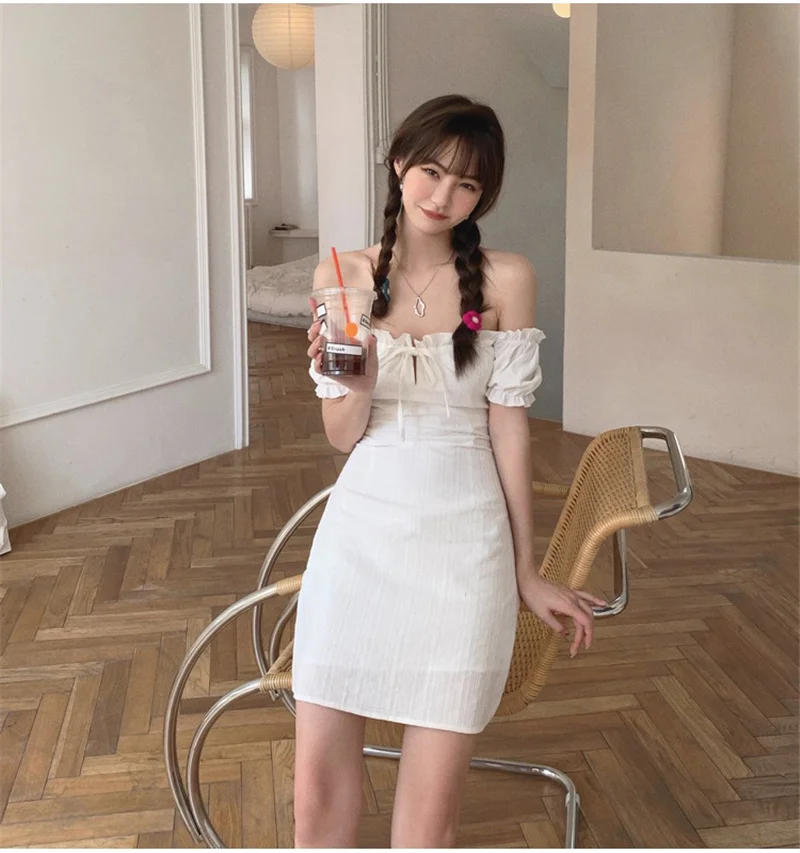 Sexy verano puff, manga corta, falda chica caliente Súper Hada dulce temperamento vestido