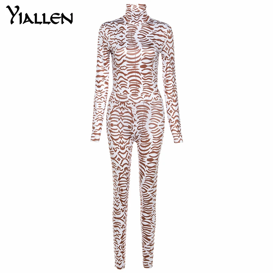 

Yiallen Printed Active Street Style Two Piece Set Women Spring FashionTurtleneck Bodysuit +High Waist Pants Matching Outfits2021