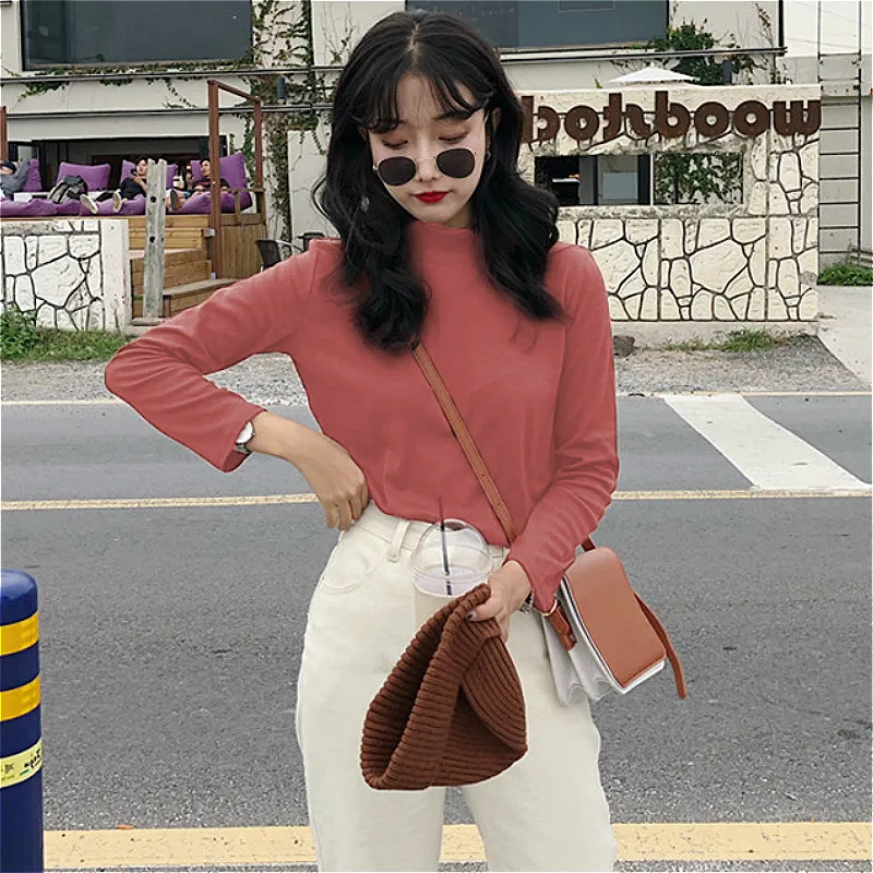 Tee Women Female Solid O-Neck Long Sleeve Leisure T-shirt for Lady Ins New Slim 8 Color Basic Spring Top Korean All-match | Женская