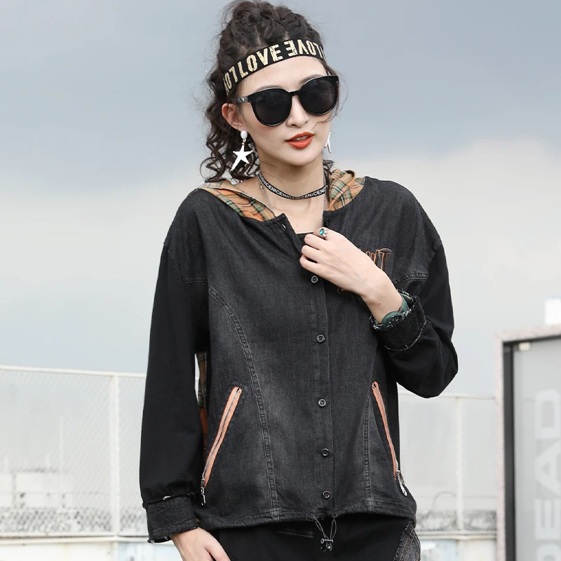 Женская джинсовая куртка Max LuLu черная Повседневная из денима в клетку с принтом