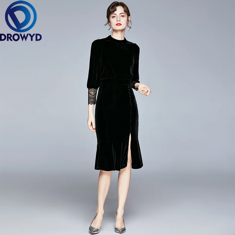 

New 2021 Wrist Sleeve O-neck Velvet Party Dresses Elegant French Vintage Black Mermaid Dress Plus Size Vintage Luxury Dresses