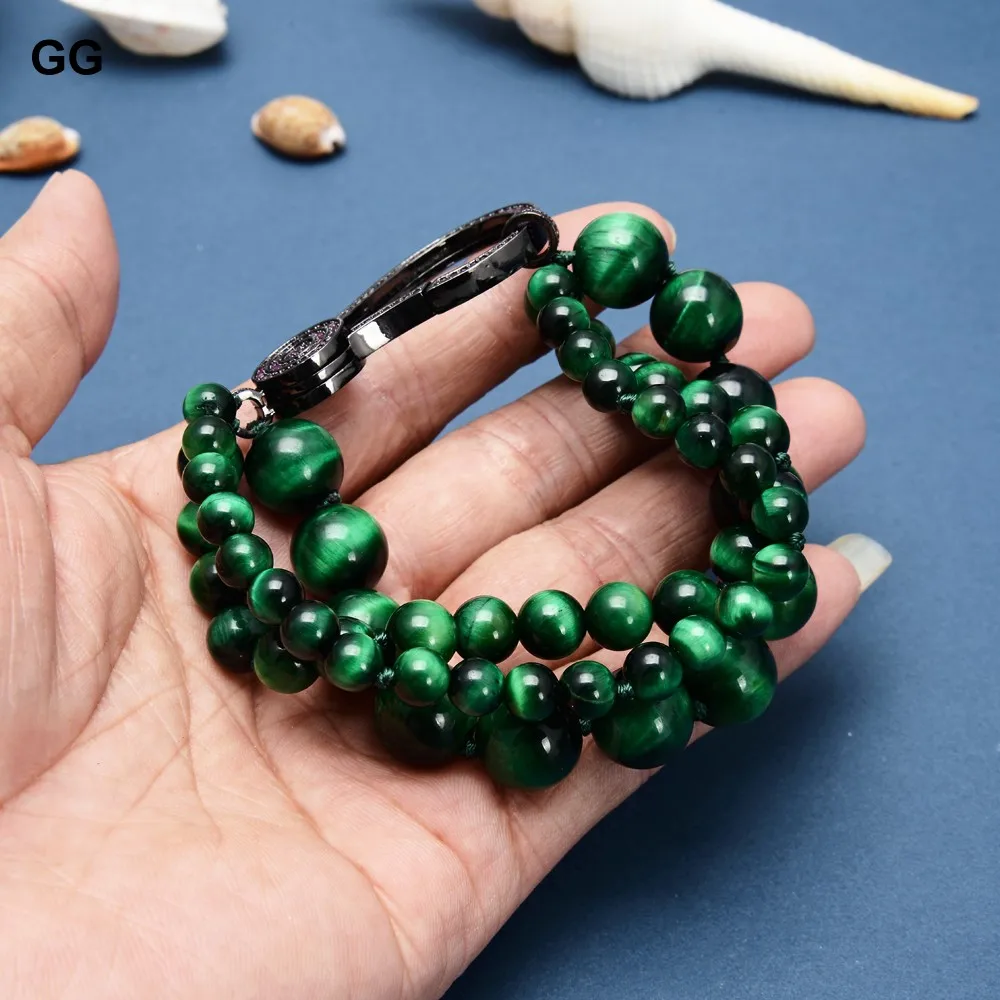 

GuaiGuai Jewelry 18" 3 Rows Natural Green Round Tigers Eye Statement Bracelet Cubic Zirconia Lobster Clasp Handmade For Women