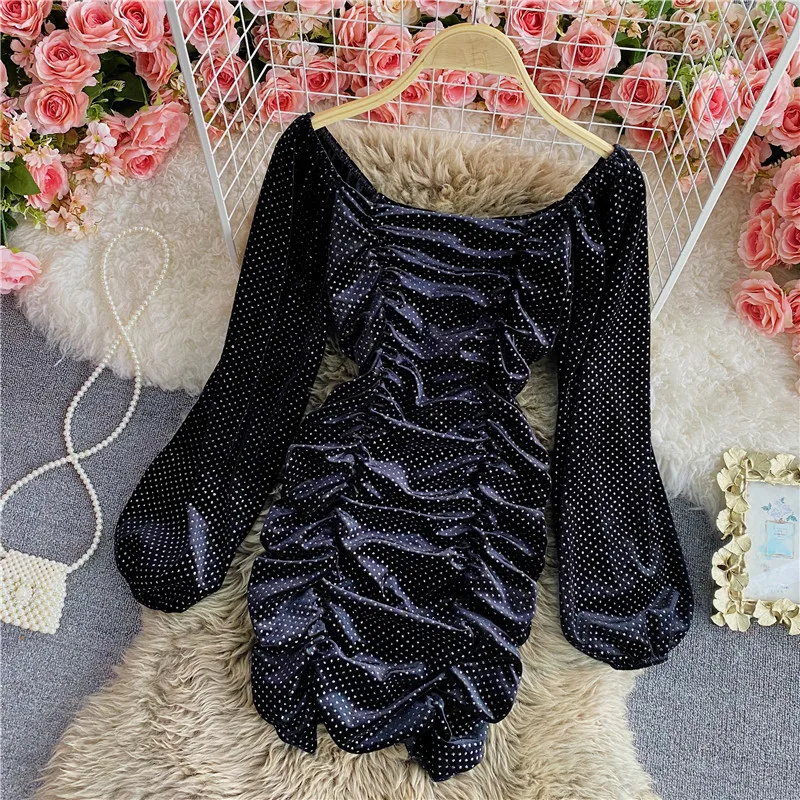 

Sexy Slash Neck Draped Bodycon Mini Dress Women Elegant Lantern Long Sleeve High Waist Pleated Vestidos Female New Spring Autumn