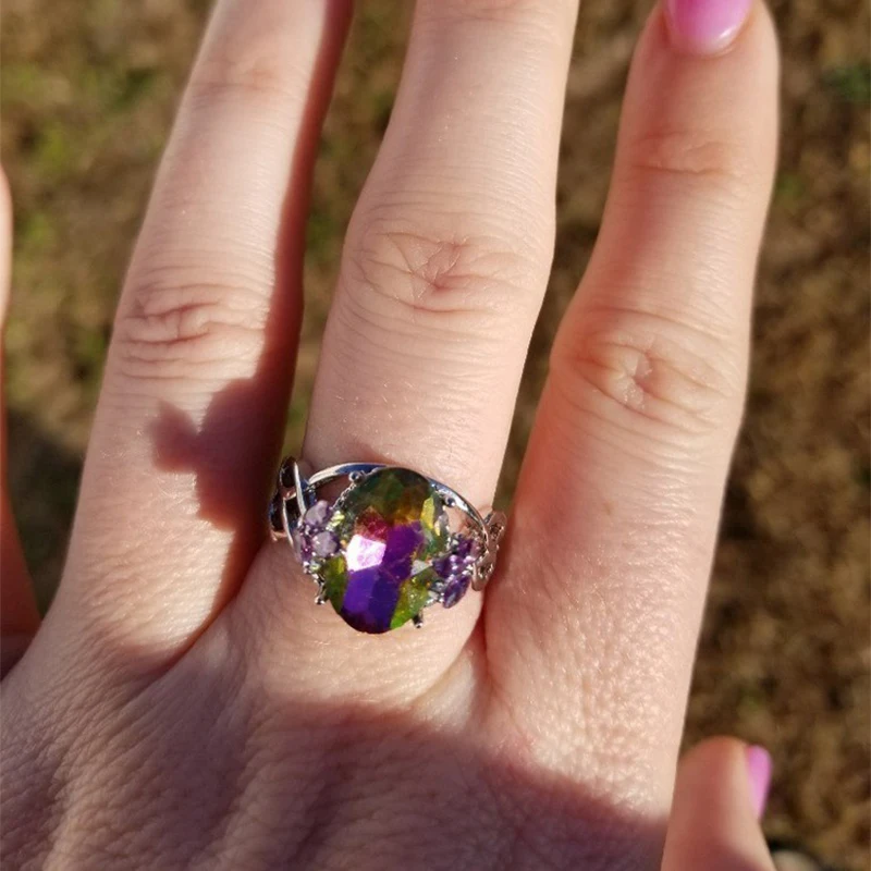 Женские кольца с разноцветным цирконием огромные овальные посеребренные 2021 |