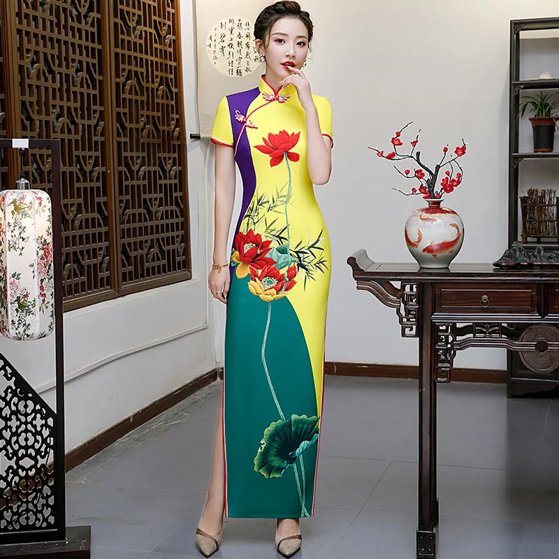 

Elegant Chinese Traditional Mandarin Collar Lotus Printed Satin Cheongsam Female Party Dress Vintage Qipao Oversize 5XL