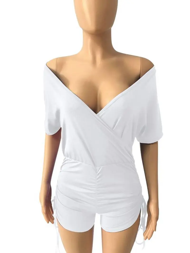 

Spring Summer Clothes Sexy Drawstring V-neck Short Sleeve Rompers Womens Jumpsuit One Piece Club Outfits Lounge Wear Streetwear