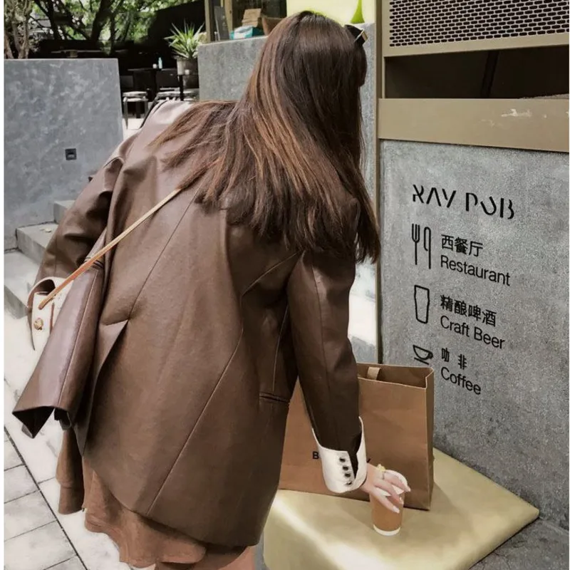 Women Faux Leather PU Blazer Jackets Vintage Casual Loose Korean Fashion Leathers Jacket Femme Casaco Feminino Jaqueta Chaquetas