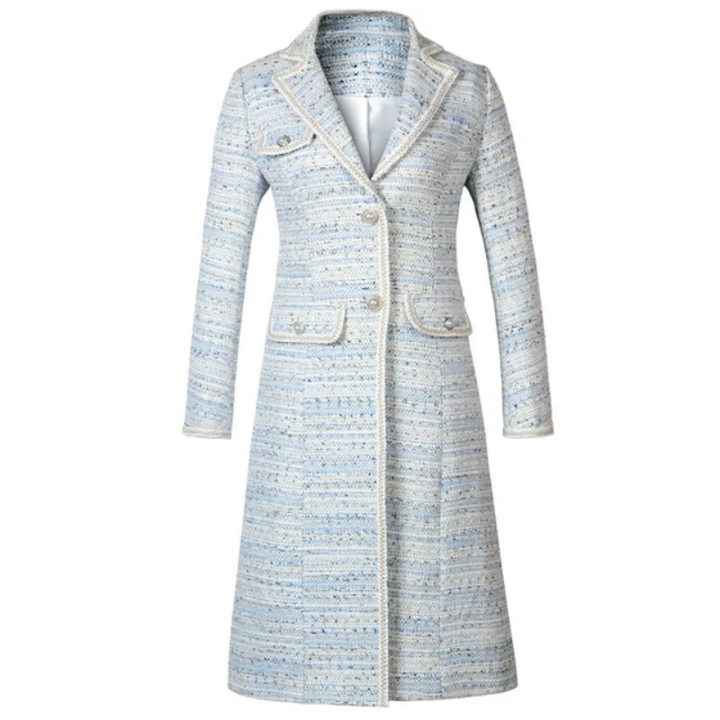 

Elegant Middle Length Tweed Suit Coat Office Ladies Knitted Single Breasted Trench Women Slim Fit Vintage Windbreakers Overcoat