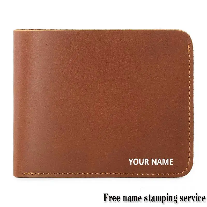 

2021 Fashion Men Wallets 100% Genuine Leather Name Engraving Short Purses Vintage High Quality Credit Card Holder Wallet