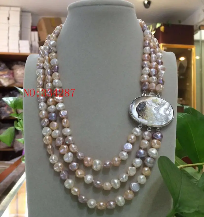 Бесплатная доставка новое женское ожерелье в стиле барокко 19 дюймов 3 ряда 8 9 мм