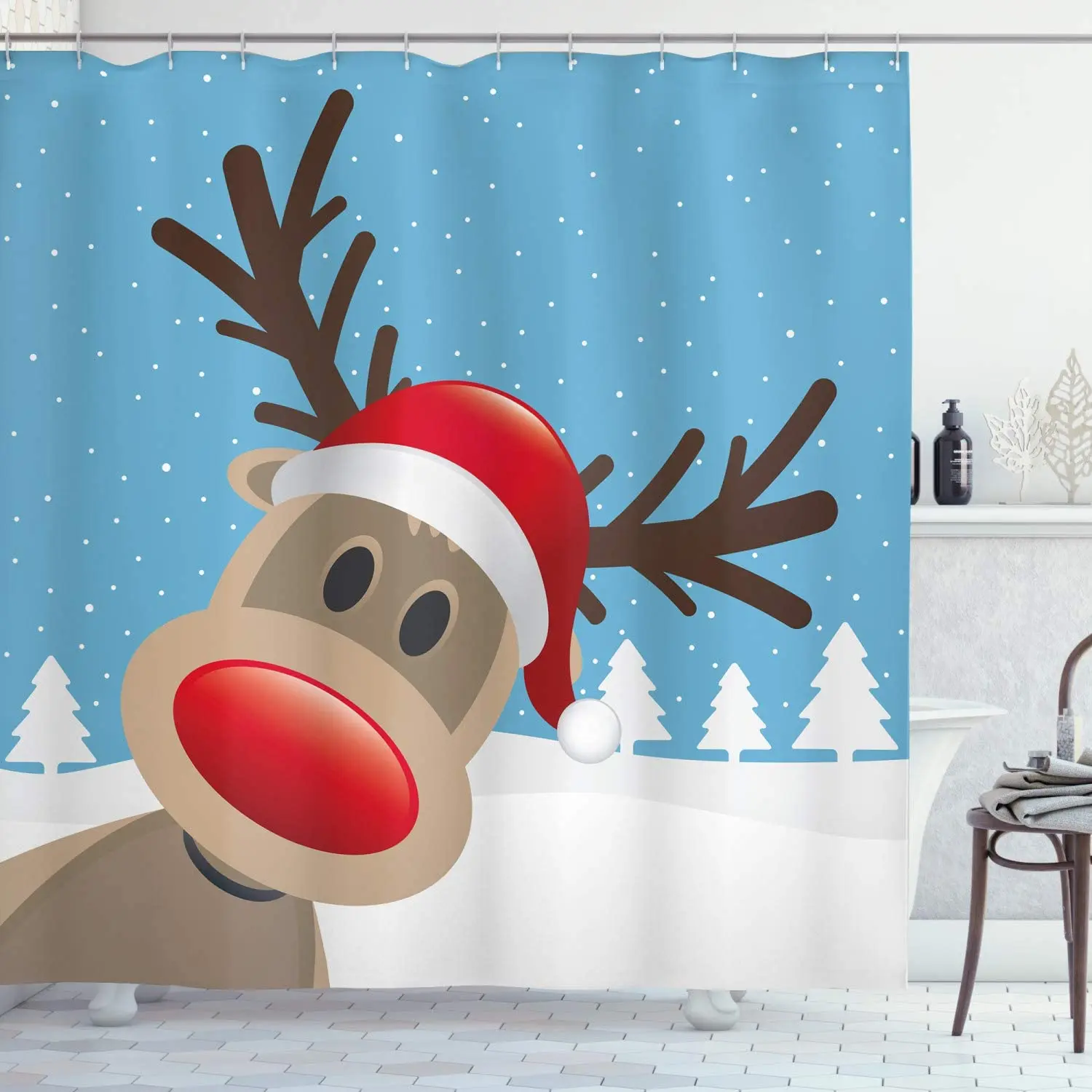 

Christmas Shower Curtains Reindeer Rudolph with Red Nose and Santa Claus Hat Snowy Forest Fabric Bathroom Decor Set with Hooks