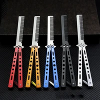 foldable comb stainless steel practice training butterfly knife hair brush salon moustache hairdressing styling outdoors tool