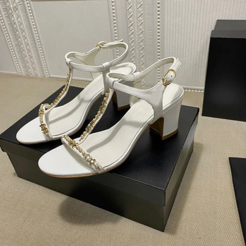 

2021 Summer New Rhinestone Chain Thick Heel Sandals One-word Buckle Satin High Heel Open Toe Women's Shoes