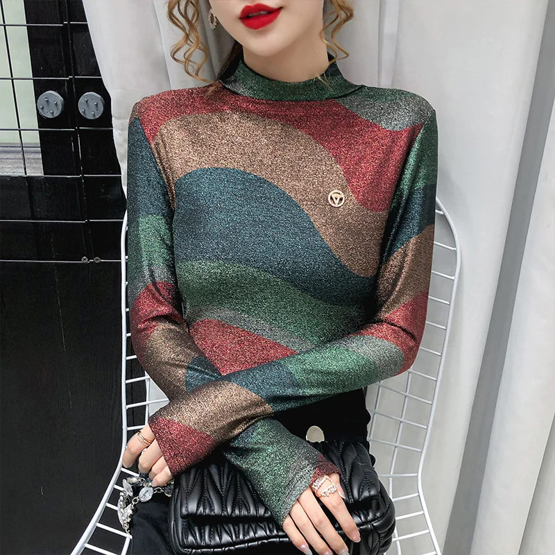 

Fashion hit color print t shirt woman autumn long sleeve turtleneck plaid top femme t-shirts pullover shirt bright silk tops