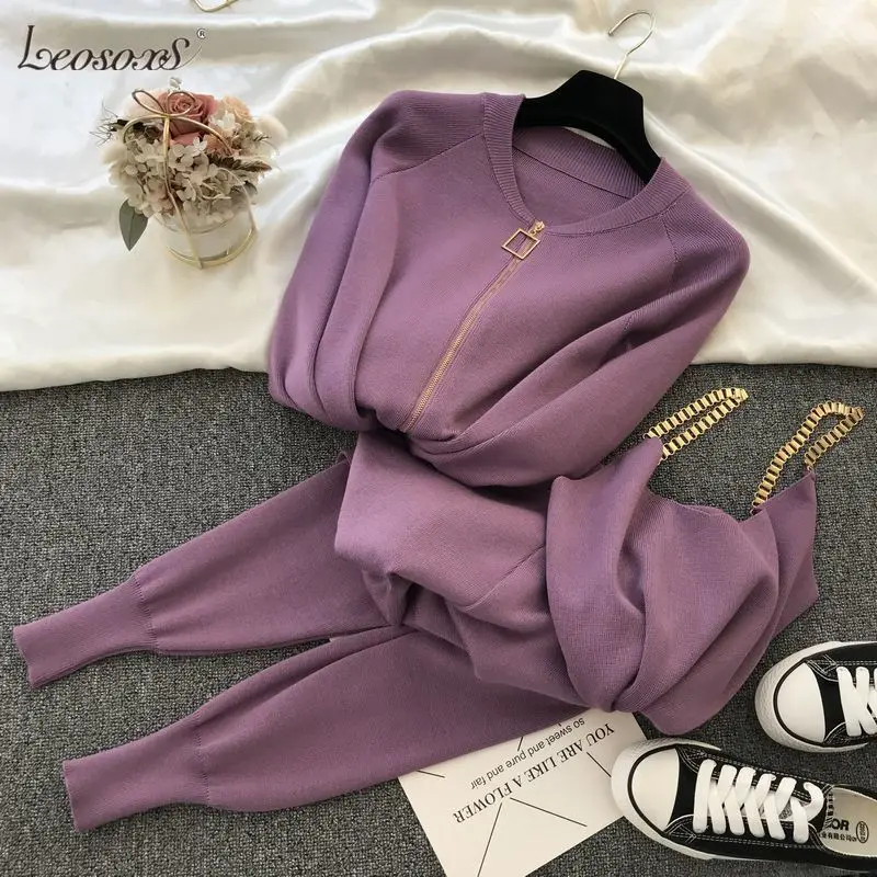 

Amolapha Women 2021 Autumn Winter Knitted Vest Zipper Cardigans Pants 3pcs Sets Tracksuits Outfits