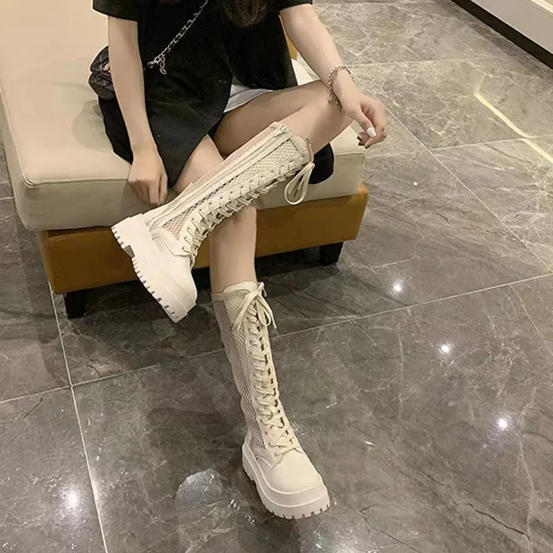 

Women Combat Hollow Long Boot 2021 Summer Female High Platform Gothic Shoes Thick Sole Lace Up Woman Knee High Boots Black Beige