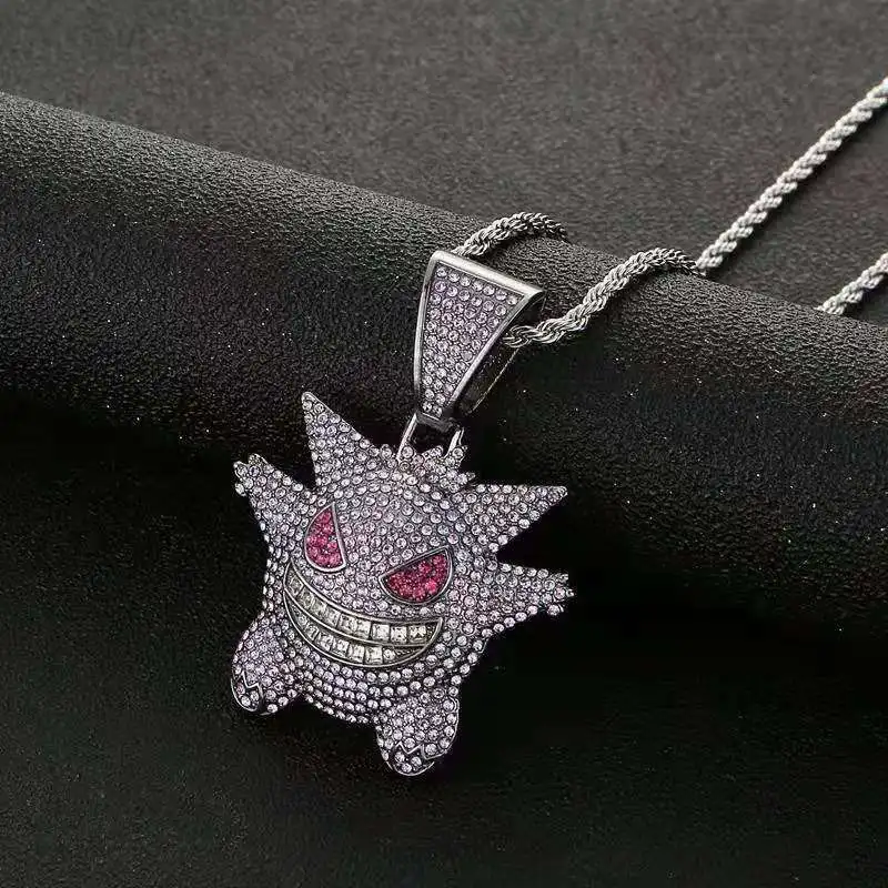 

Hip Hop Iced Out Gengar Bling Ghost Alloy Cuban Chain 900PCS AAA Zircon Gold Silver Color Pendant Necklace for Men Women Jewelry