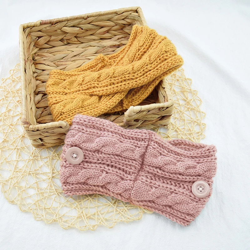 

Woolen Twist Knitting Women Cross Headband Warmer Ear Button Elastic Hairbands Headwrap Bandage Hair Accessories Autumn Winter