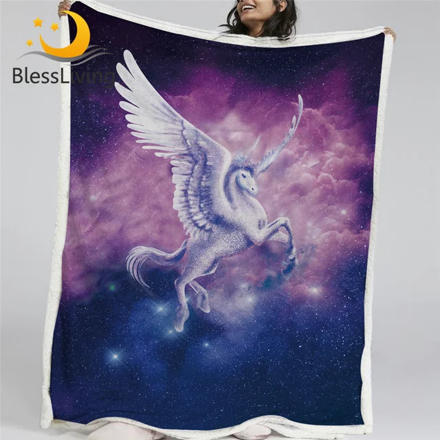 BlessLiving Unicorn Throw Blanket Flying Horse Blankets For Bed Psychedelic Space Nebula Pink Fluffy Microfiber Blanket Cobertor 1