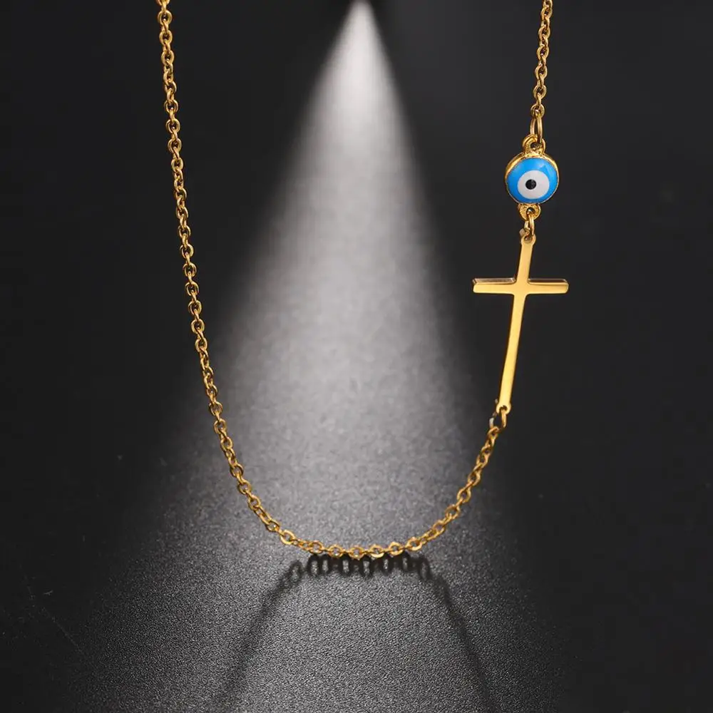 

My Shape Evil Eyes Cross Necklace Gold Color Stainless Steel Cross Pendant Necklaces Choker for Women Vintage Religious Jewelry
