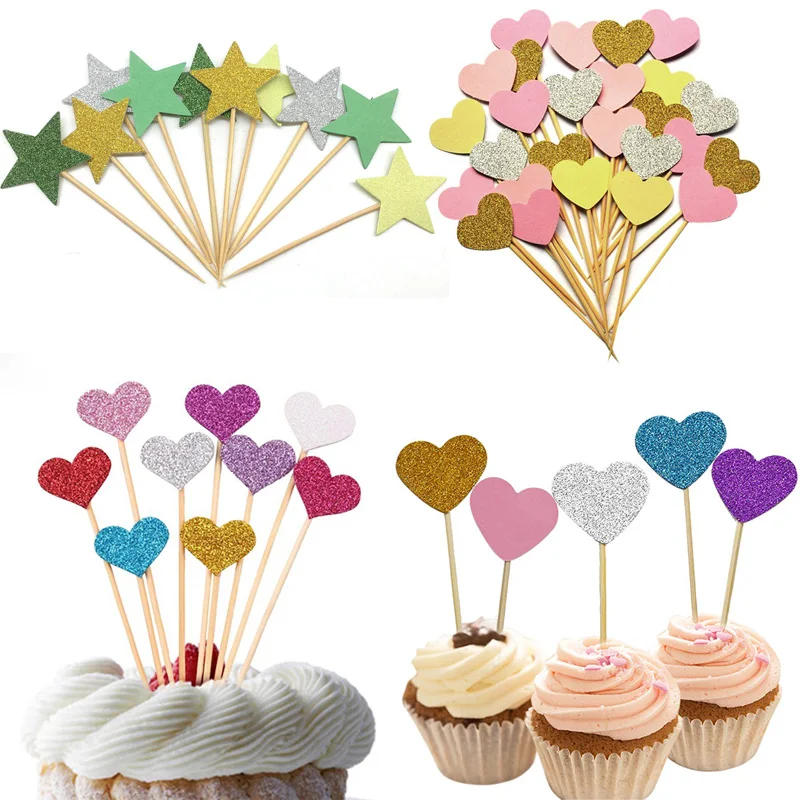 20 шт. Золотые сердца звезды кексы топы для детского душа вечерние украшения на