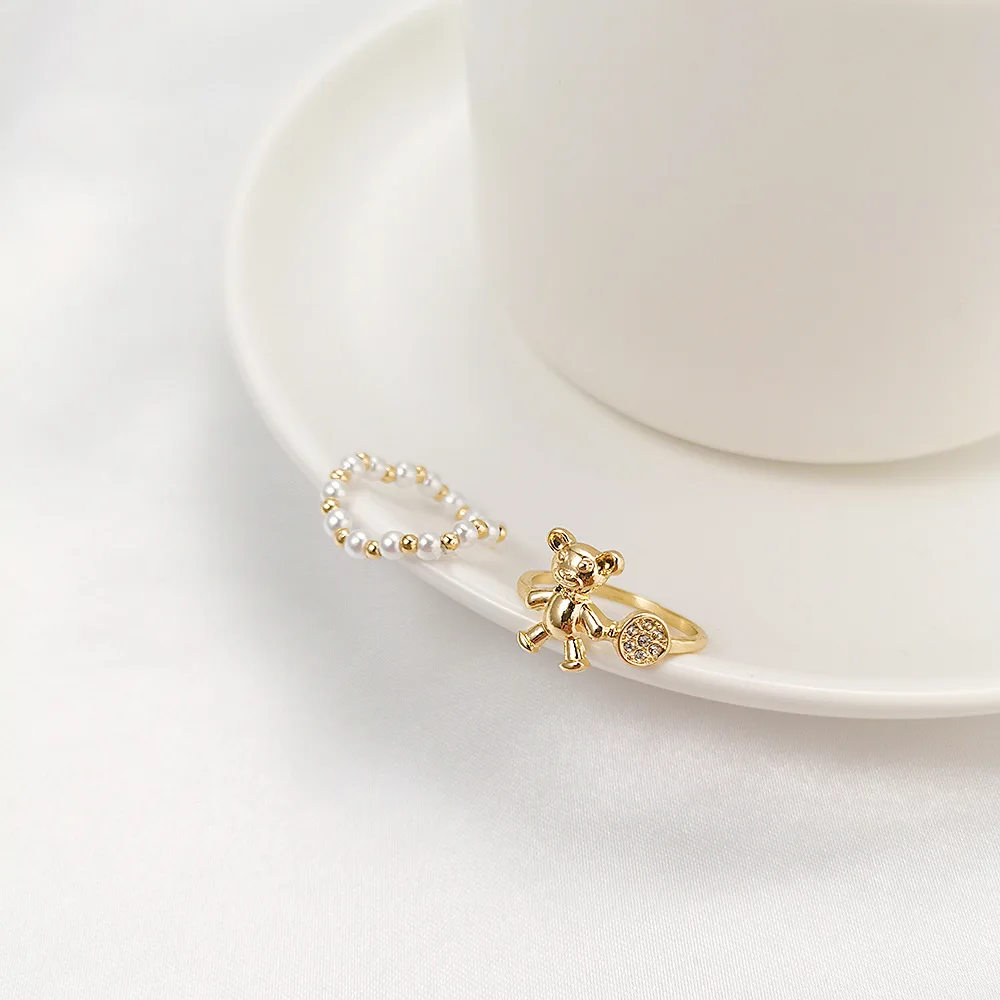 

2Pcs/Set Cute Bear Pearl Geometry Rings For Women Fashion Finger Accessories