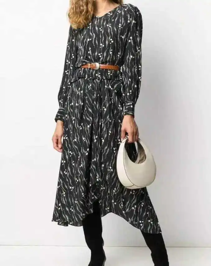 

White black Woman abstract Dot Print Silk Midi Dress Asymmetric Hem Round Neck Long Sleeves Buttoned Cuffs