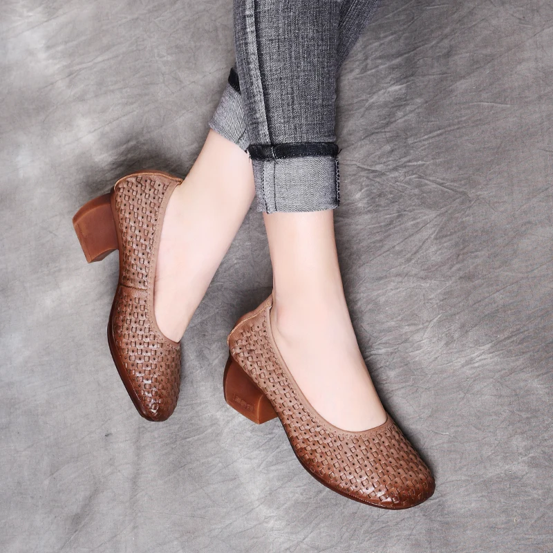 

Spring and autumn new retro ethnic style hand-woven Crude heel cow leather Women's shoes middle heel Casual mother shoes heels