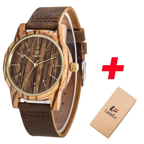 zebra wood UWOOD мужские деревянные кварцевые наручные часы минимализм Античный Ретро мягкий кожаный браслет для мужчин подарок мужские деревянные часы - Цвет: zebra wood