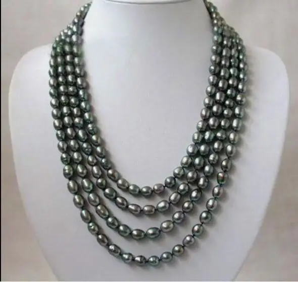 

4 strands 8x9mm black colors rice pearl 4 rows necklace natural Freshwater PEARL Women Jewelry 35cm 43cm 15'' 17''